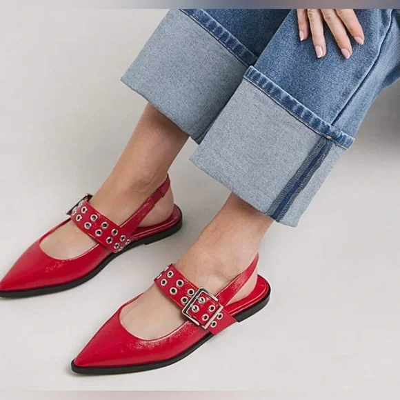 Steve Madden Red Studded Buckle Leather Y2K Slingback Flats Vintage Retro New - Picture 2 of 12